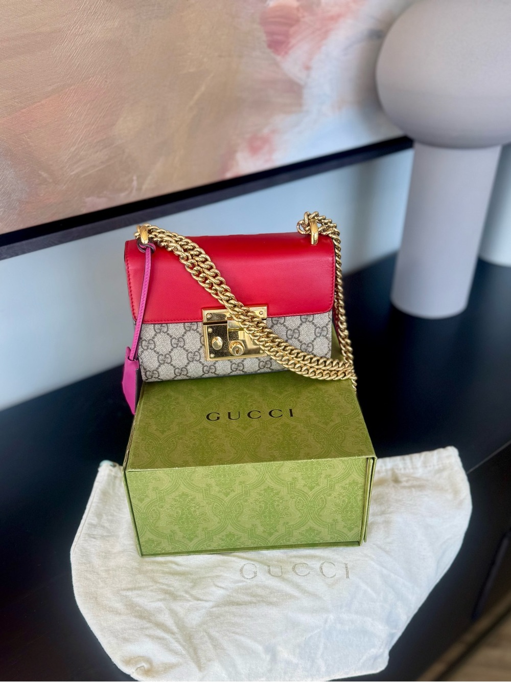Gucci Red Leather & Beige GG Supreme Chain Shoulder Bag